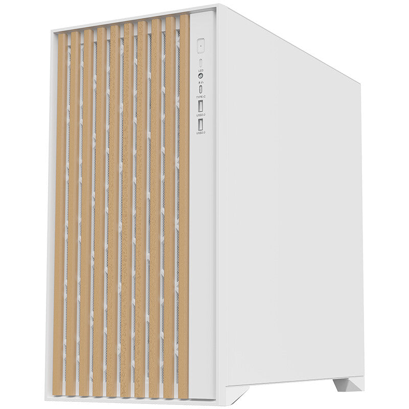 Case WOODY - Gaming Tower- ATX- 3x14cm White fan- 2xUSB3- Type-C-  Wood Front- Temp Glass Side Panel- White Edtion