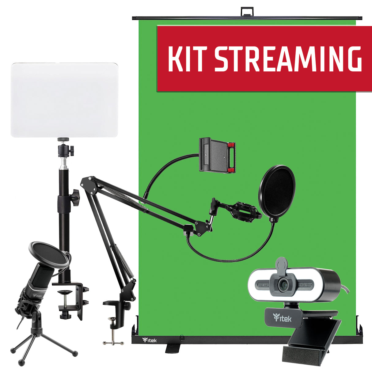 Kit Streaming - Green Screen + Webcam W401L + Microfono M100 e braccio + Lampada e supporto