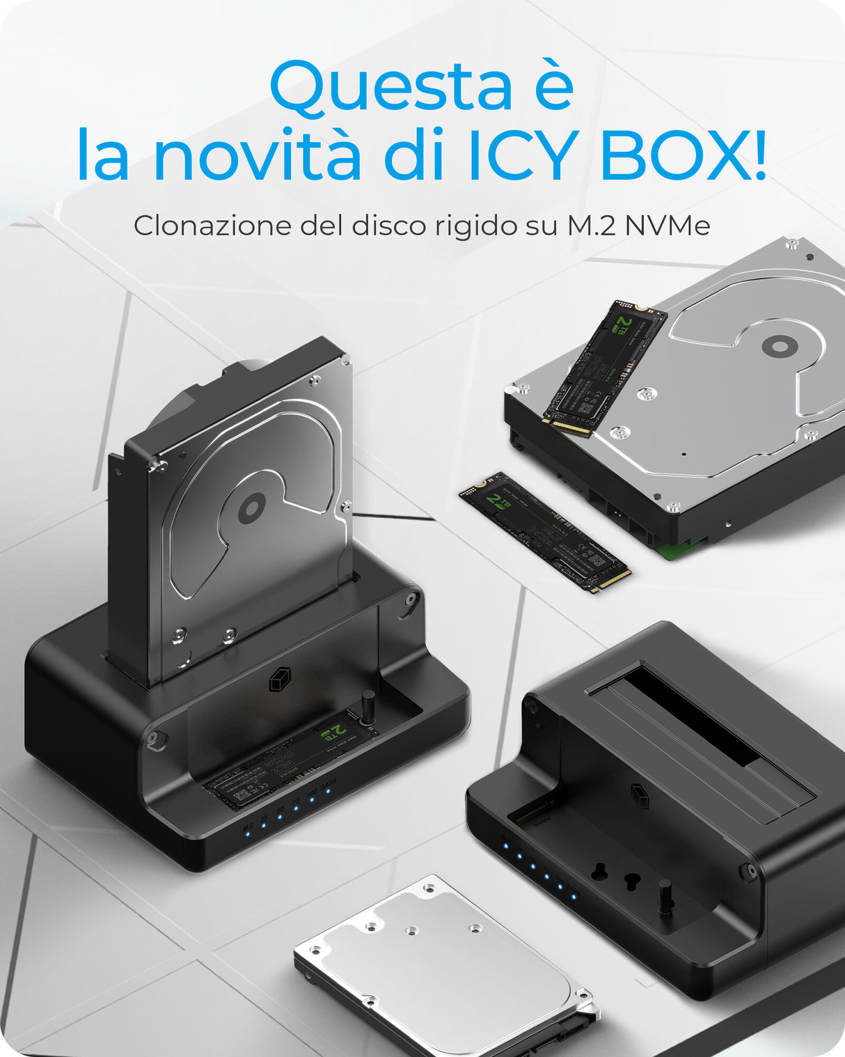 ICY BOX Docking Clone Dual Way- per SSD  M.2 NVMe e SSD/HDD SATA da 2. 5"e 3.5" a USB 3.2 Gen2- nero