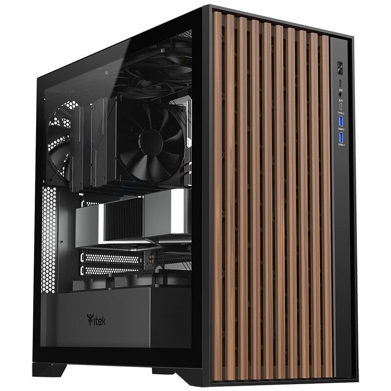 Case WOODY - Gaming Tower- ATX- 3x14cm Black fan- 2xUSB3- Type-C-  Wood Front- Temp Glass Side Panel