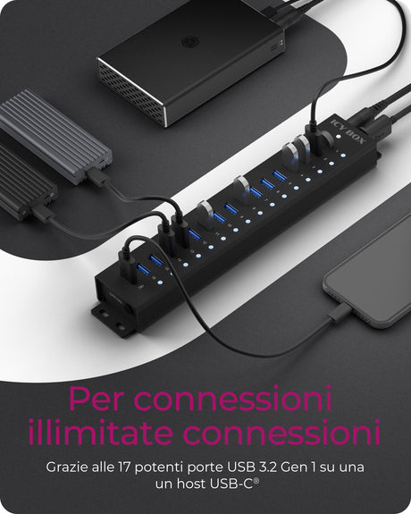 ICY BOX USB hub with 17 ports - 16 USB - 1 charging USB - USB 3.2 Gen 1 - black