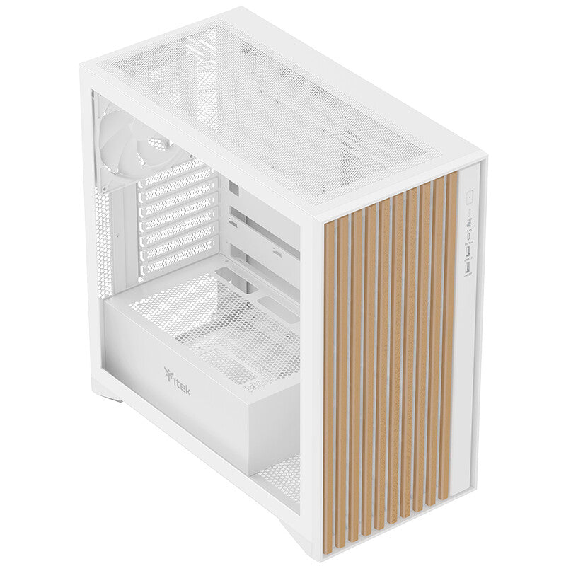 Case WOODY - Gaming Tower- ATX- 3x14cm White fan- 2xUSB3- Type-C-  Wood Front- Temp Glass Side Panel- White Edtion