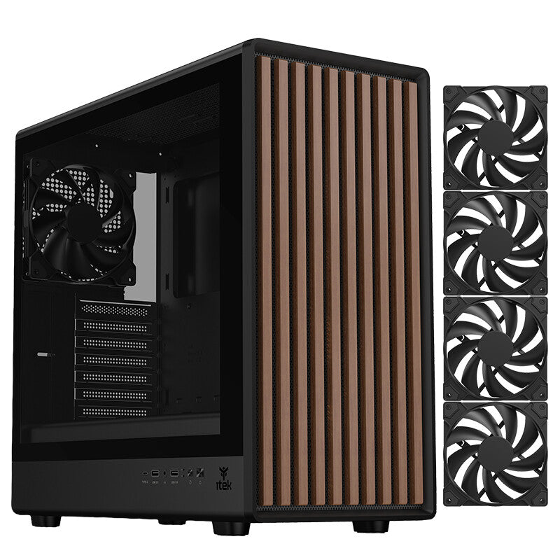 Case WOODY W2B - Gaming Tower- ATX- 4x14cm Black fan- 2xUSB3- Type-C- Wood Front- Darker Temp Glass Side Panel