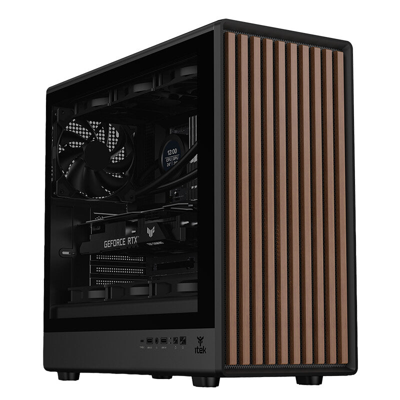 Case WOODY W2B - Gaming Tower- ATX- 4x14cm Black fan- 2xUSB3- Type-C- Wood Front- Darker Temp Glass Side Panel