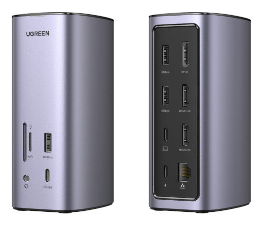 UGREEN Docking Station Triple Display- 12-in-1- 8K 2xHDMI &amp; DP- USB-C 10G- RJ45- PD 100W- 3xUSBA- CR- Audio