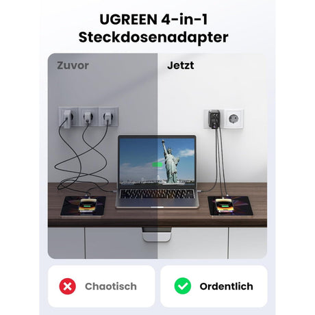 UGREEN USB wall charger 30W Diginest- GaN- 1x Type-C- 2xUSB3- 1x Schuko- Black