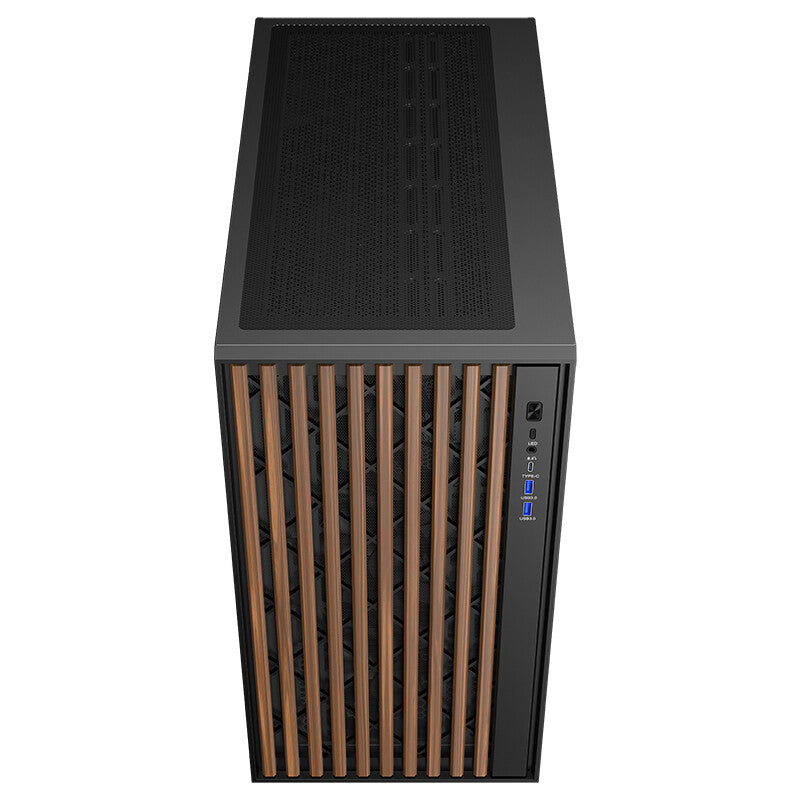 Case WOODY - Gaming Tower- ATX- 3x14cm Black fan- 2xUSB3- Type-C-  Wood Front- Temp Glass Side Panel